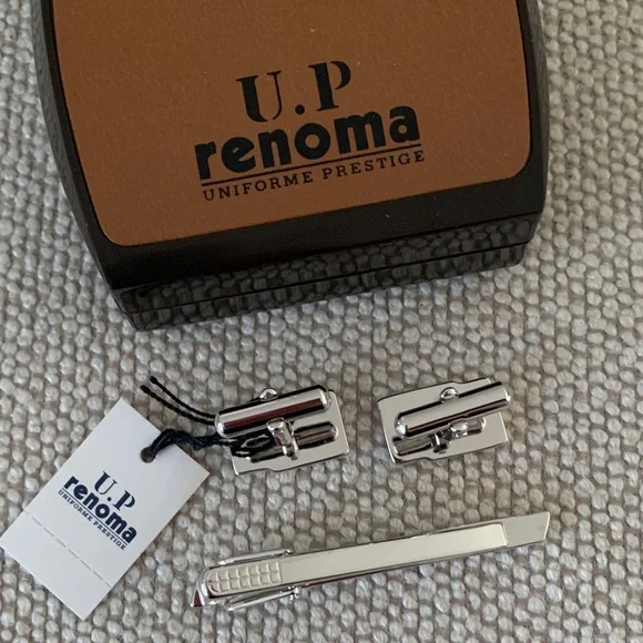 U.P. RENOMA Silvertone Cufflinks and Tie Clip Set